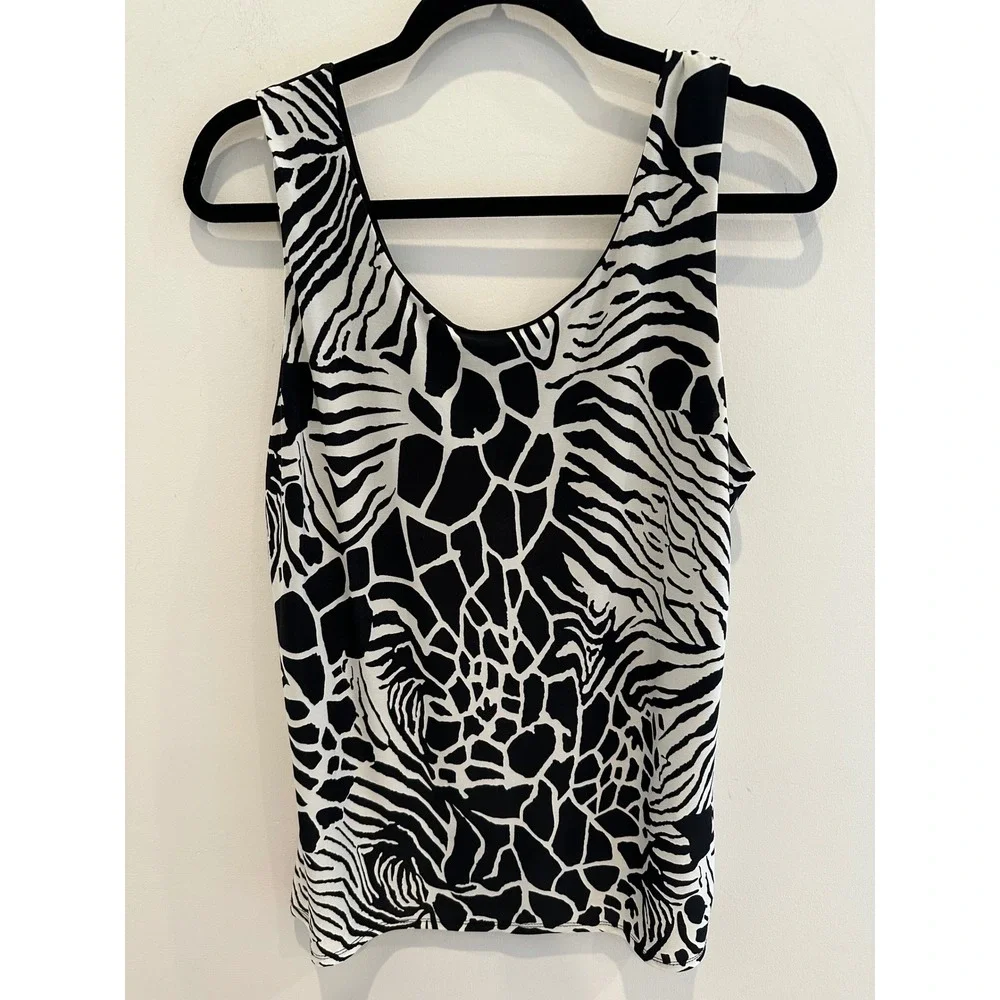 Boutique Essentials Womens XL Tank Top Black White Animal Print Giraffe USA